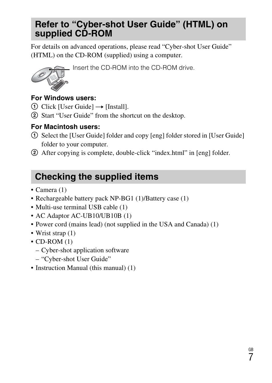 Checking the supplied items | Sony AC-UB10/UB10B User Manual | Page 7 / 32
