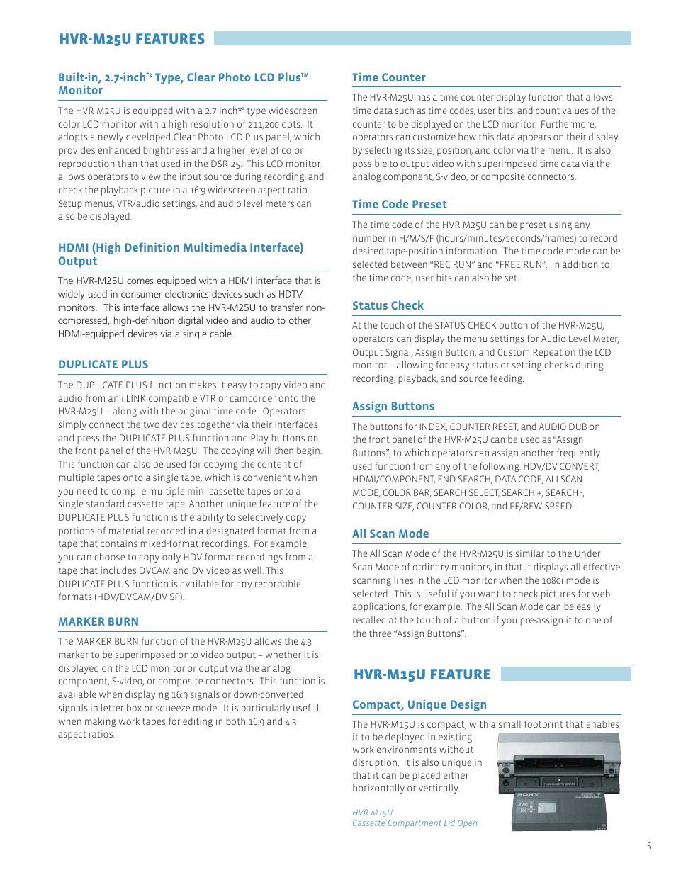 Hvr-m25u features, Hvr-m15u feature | Sony HVR-M25U User Manual | Page 5 / 8