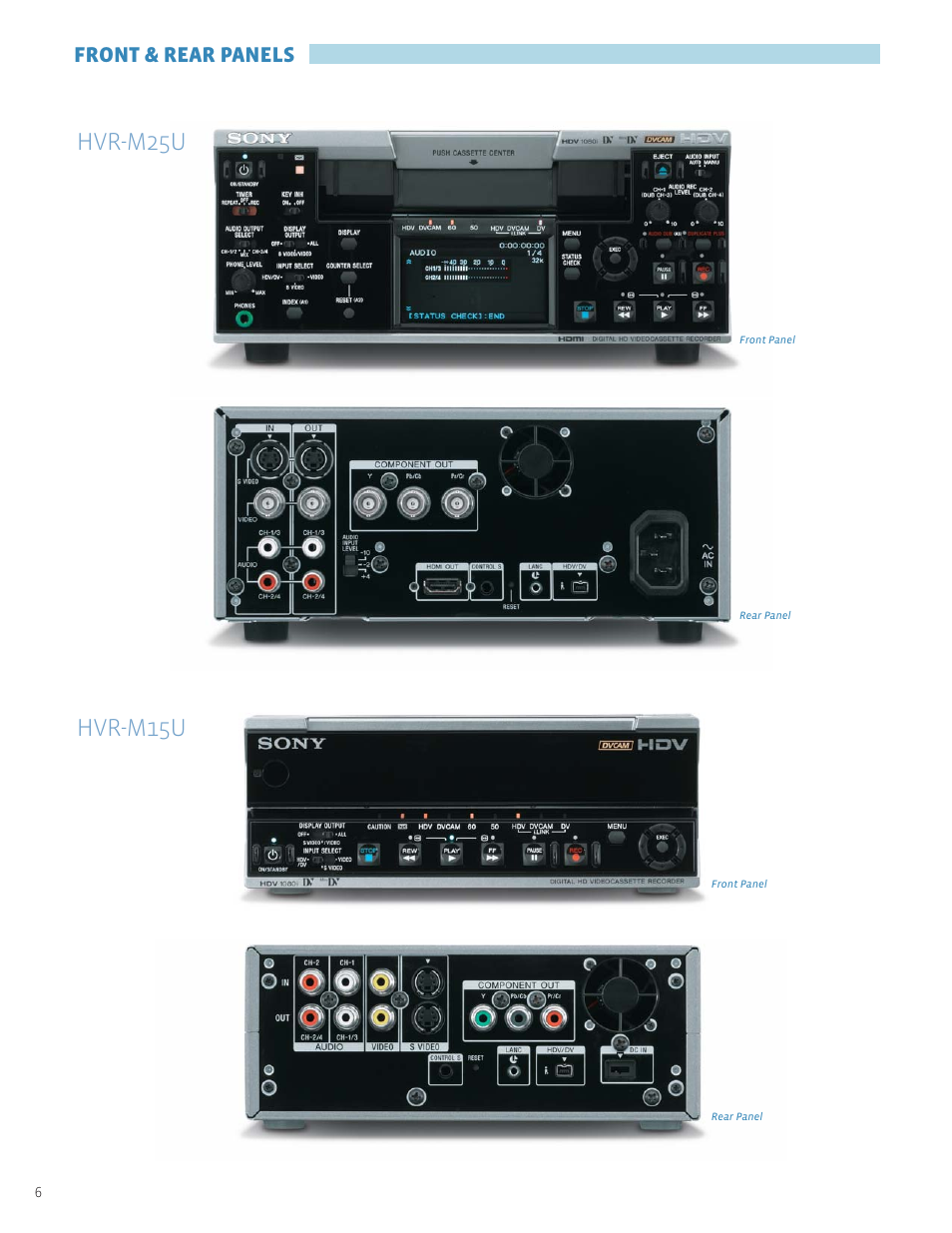 Hvr-m25u hvr-m15u, Front & rear panels | Sony HVR-M25U User Manual | Page 6 / 8