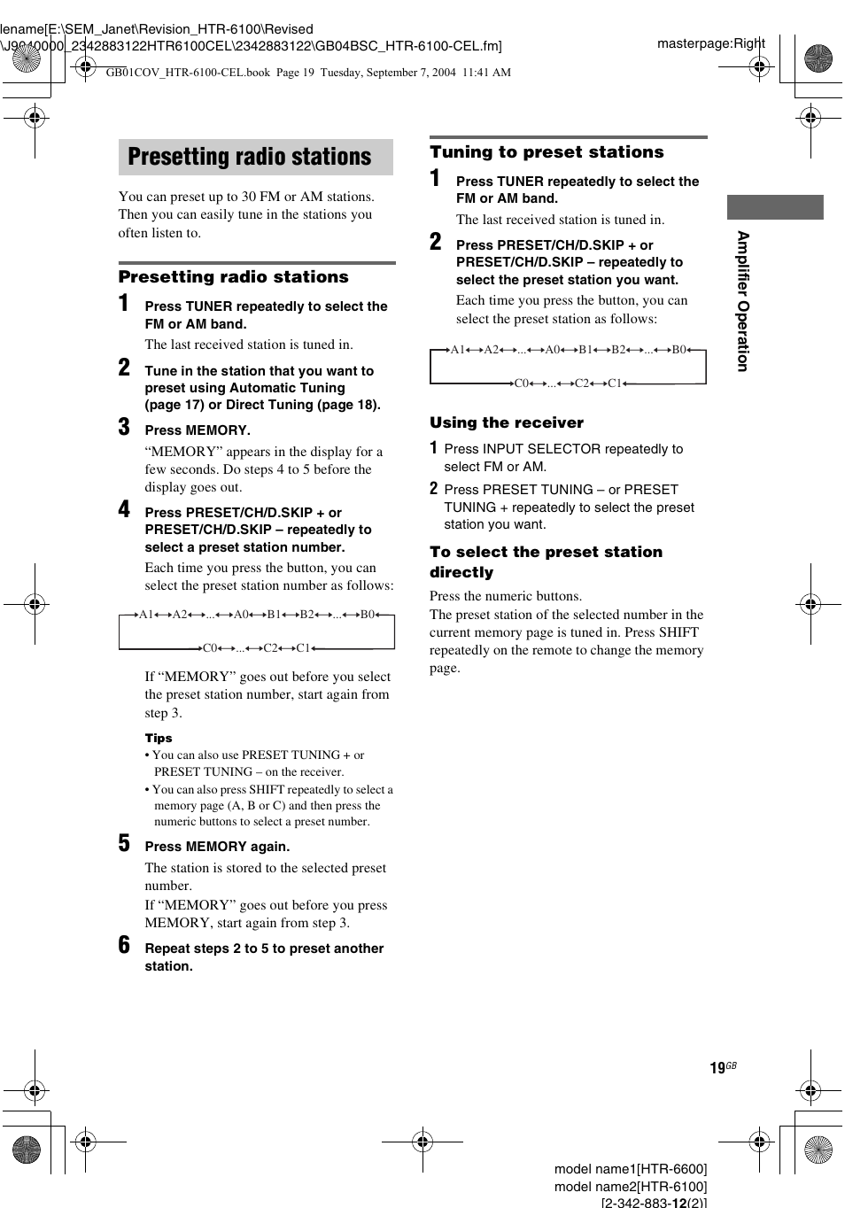 Presetting radio stations, See “presetting radio stations, See “tuning | To preset stations | Sony HTR-6100 User Manual | Page 19 / 40