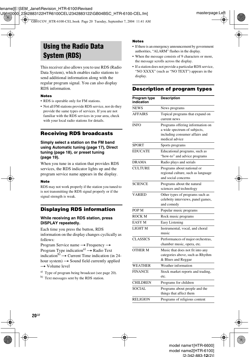 Using the radio data system (rds), Receiving rds broadcasts, Displaying rds information | Description of program types | Sony HTR-6100 User Manual | Page 20 / 40