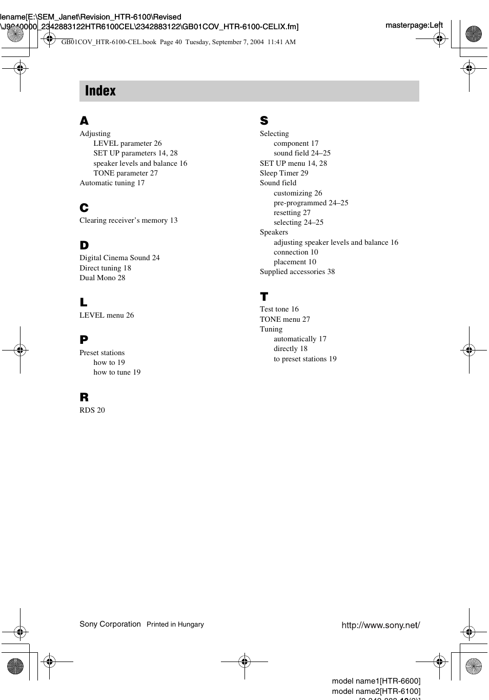 Index | Sony HTR-6100 User Manual | Page 40 / 40