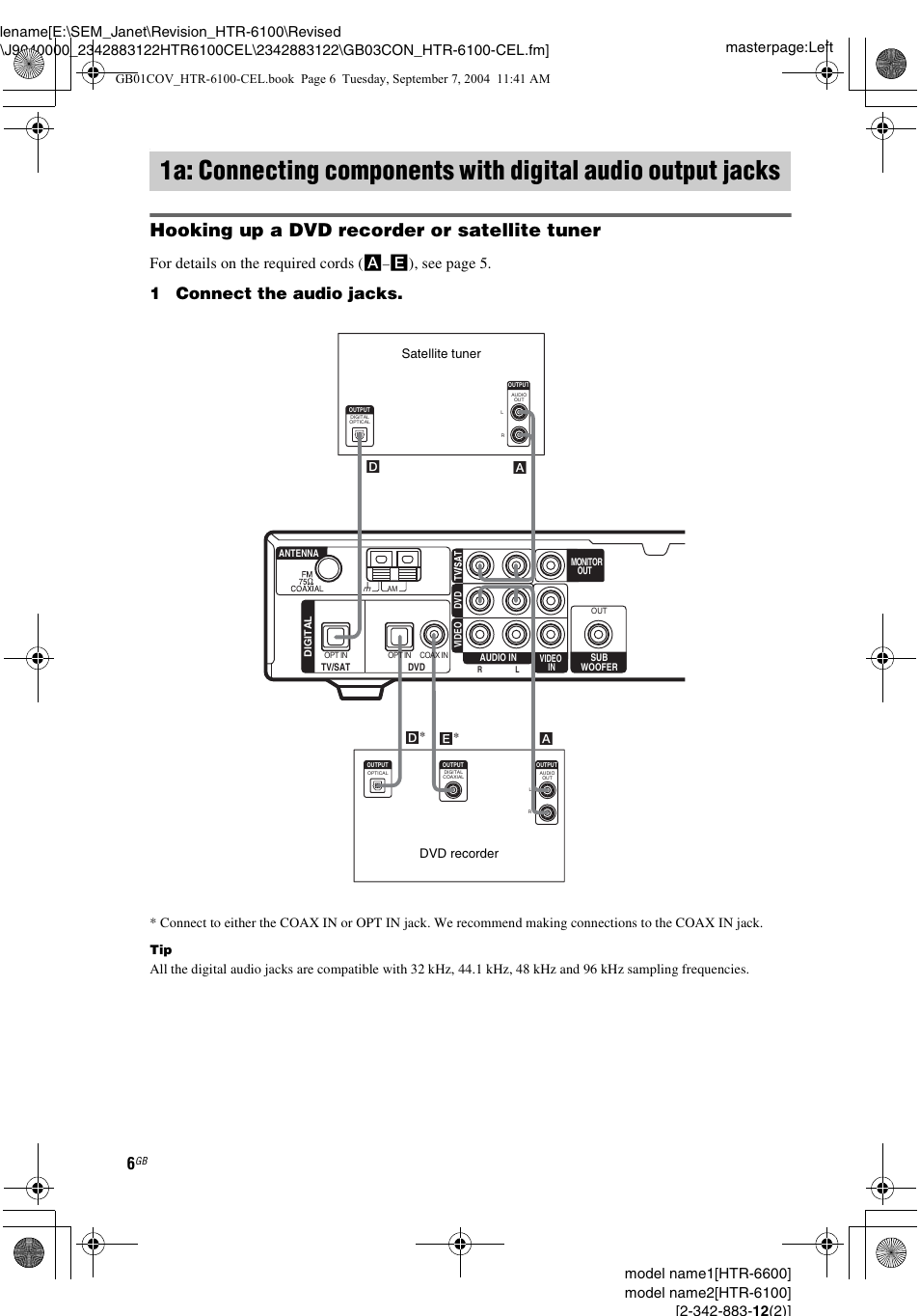 1a: connecting components with, Digital audio output jacks, Hooking up a dvd recorder or satellite tuner | 1connect the audio jacks, For details on the required cords ( a, E), see page 5 | Sony HTR-6100 User Manual | Page 6 / 40