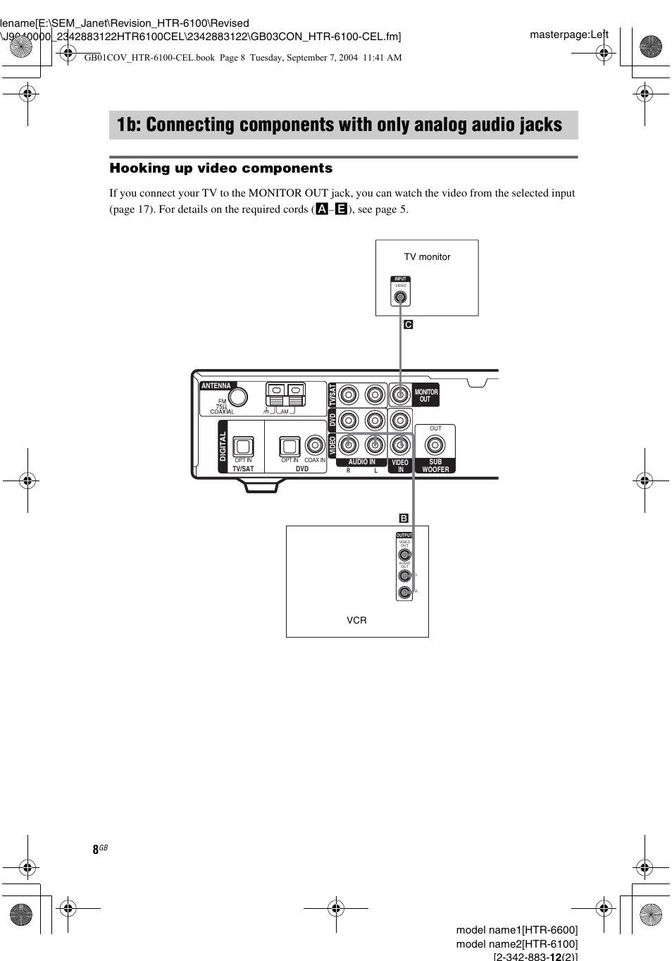 1b: connecting components with, Only analog audio jacks, Hooking up video components | E), see page 5 | Sony HTR-6100 User Manual | Page 8 / 40