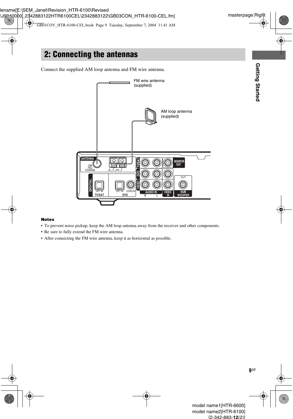 Connecting the antennas, Gettin g star ted | Sony HTR-6100 User Manual | Page 9 / 40