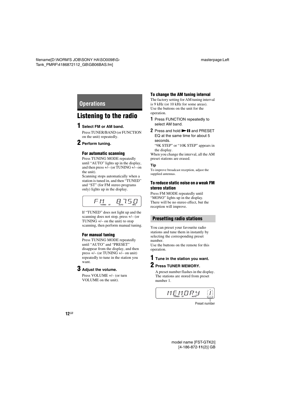 Operations, Listening to the radio, Listening to the radio 1 | Sony FST-GTK1I User Manual | Page 12 / 28