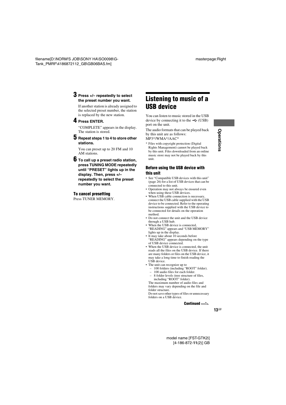 Listening to music of a usb device, Listening to music of a usb, Device | Sony FST-GTK1I User Manual | Page 13 / 28