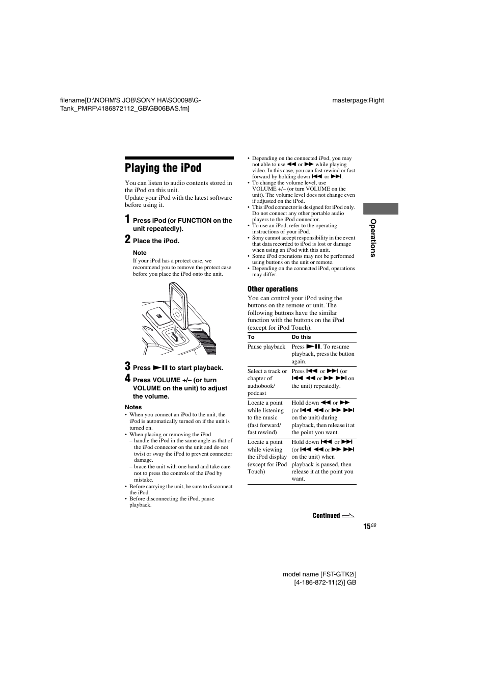 Playing the ipod | Sony FST-GTK1I User Manual | Page 15 / 28