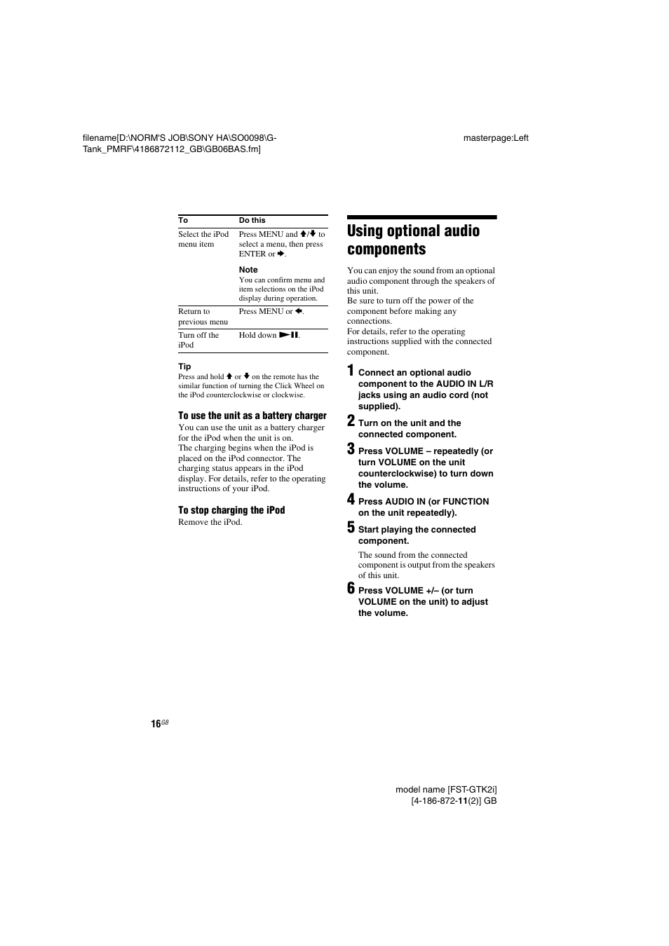 Using optional audio components, Using optional audio, Components | Sony FST-GTK1I User Manual | Page 16 / 28