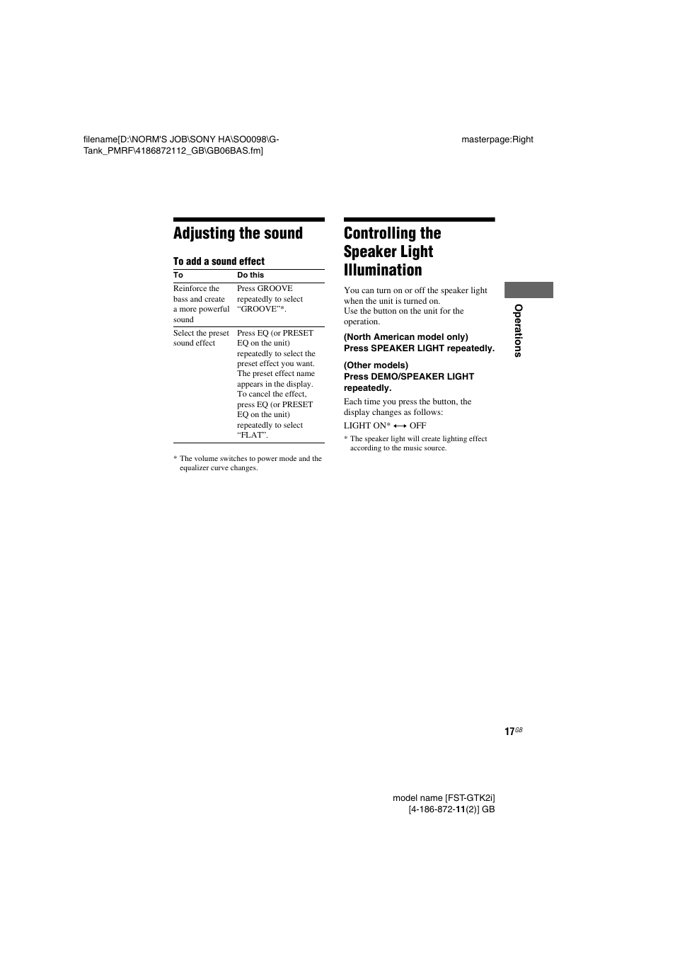 Adjusting the sound, Controlling the speaker light illumination, Adjusting the sound controlling the speaker light | Illumination | Sony FST-GTK1I User Manual | Page 17 / 28