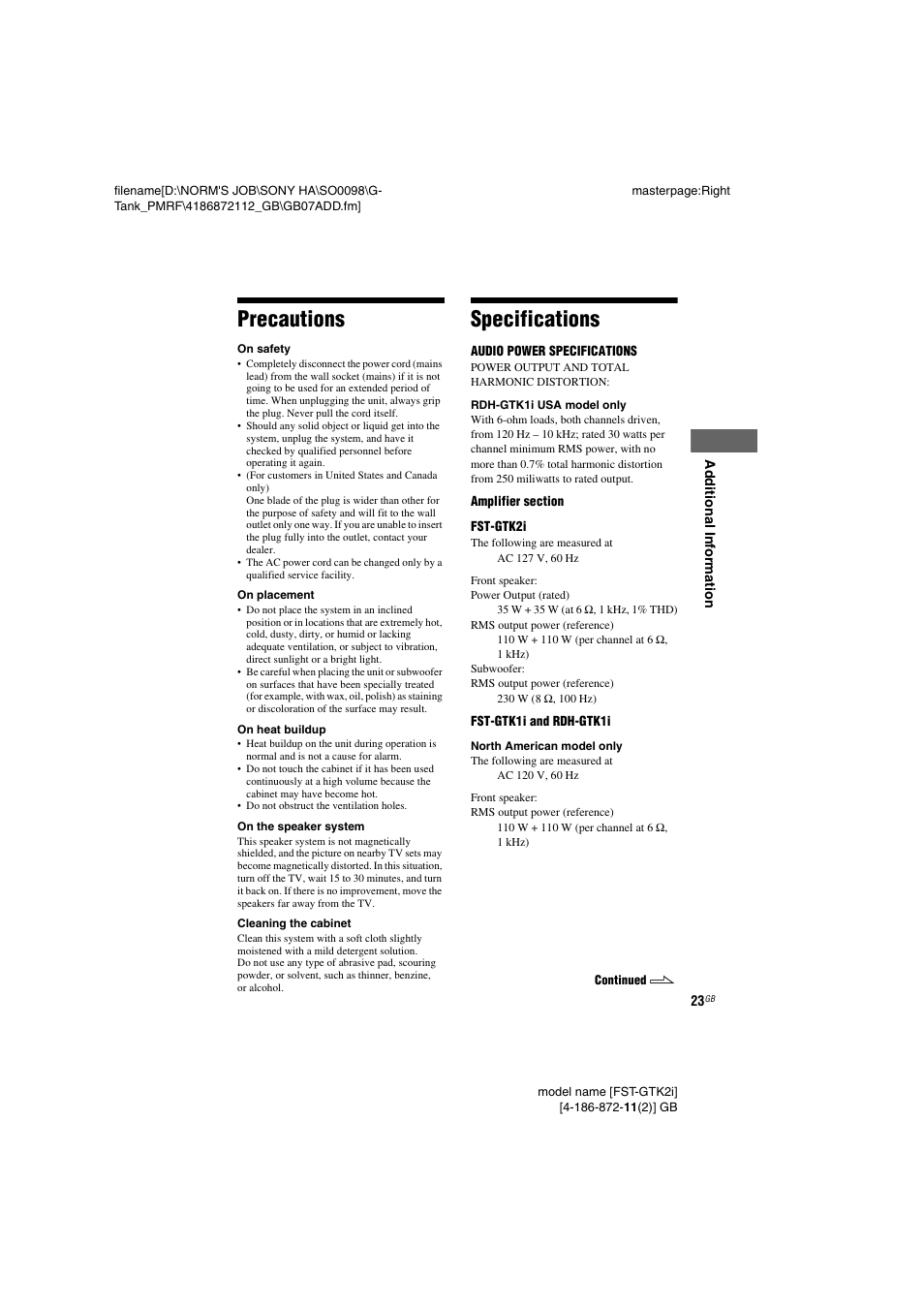 Precautions, Specifications, Precautions specifications | Sony FST-GTK1I User Manual | Page 23 / 28