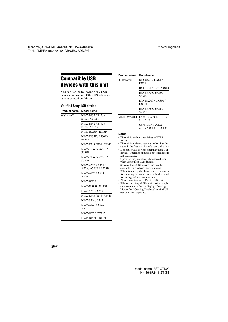 Compatible usb devices with this unit, Compatible usb devices with this, Unit | Sony FST-GTK1I User Manual | Page 26 / 28