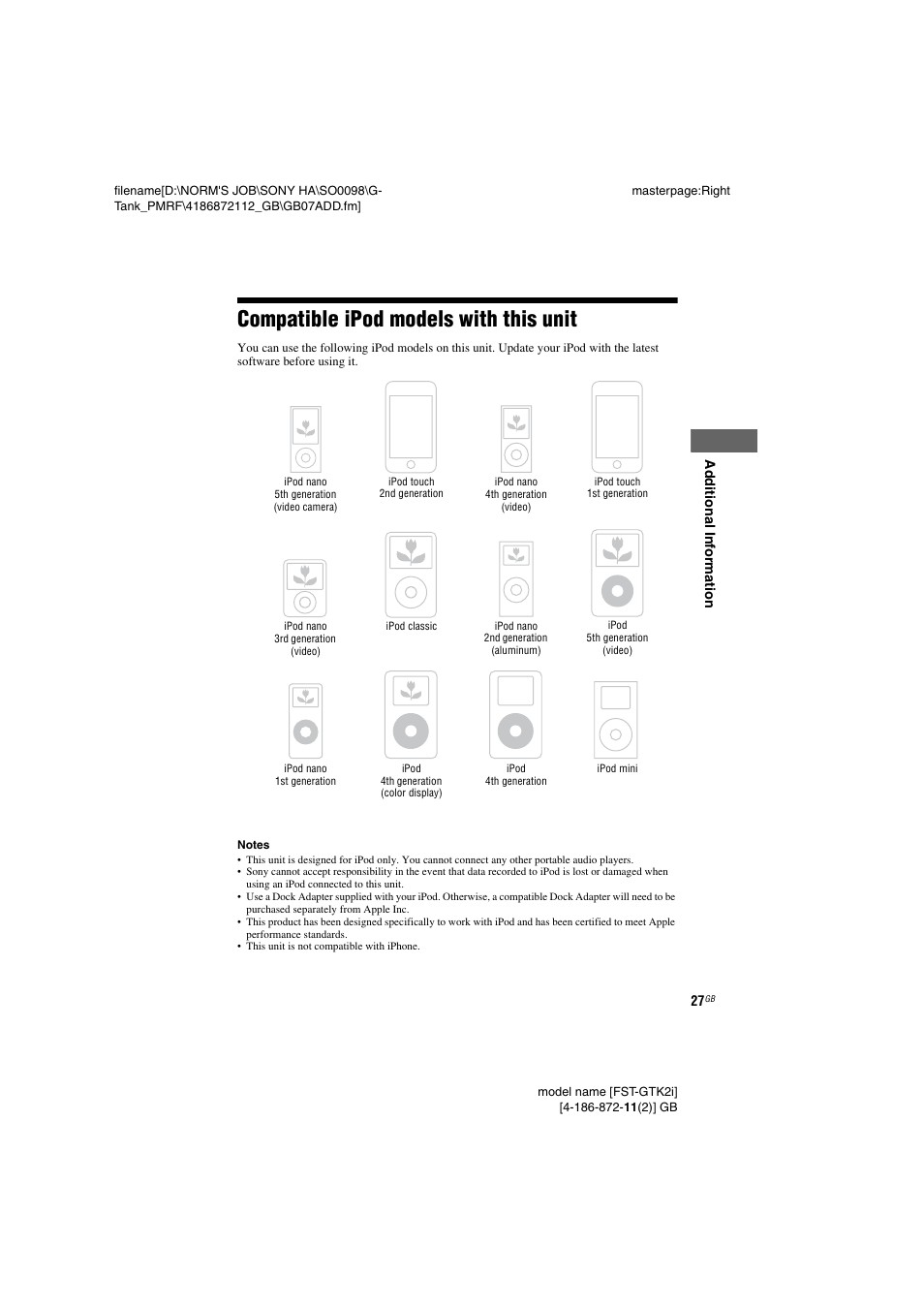 Compatible ipod models with this unit, Compatible ipod models with this, Unit | Sony FST-GTK1I User Manual | Page 27 / 28