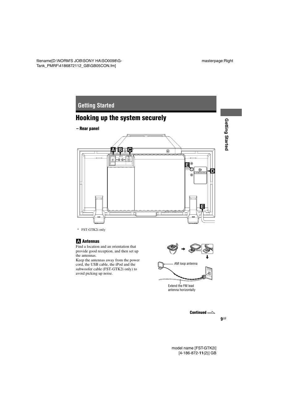 Getting started, Hooking up the system securely, Hooking up the system | Securely | Sony FST-GTK1I User Manual | Page 9 / 28