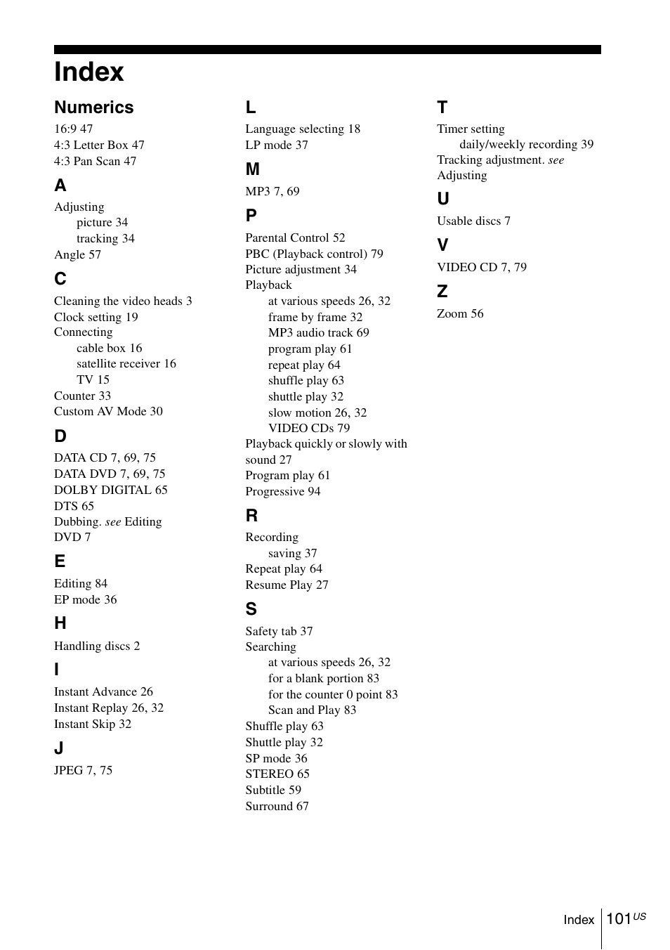 Index, 101 in, Numerics | Sony SLV-D281P User Manual | Page 101 / 116