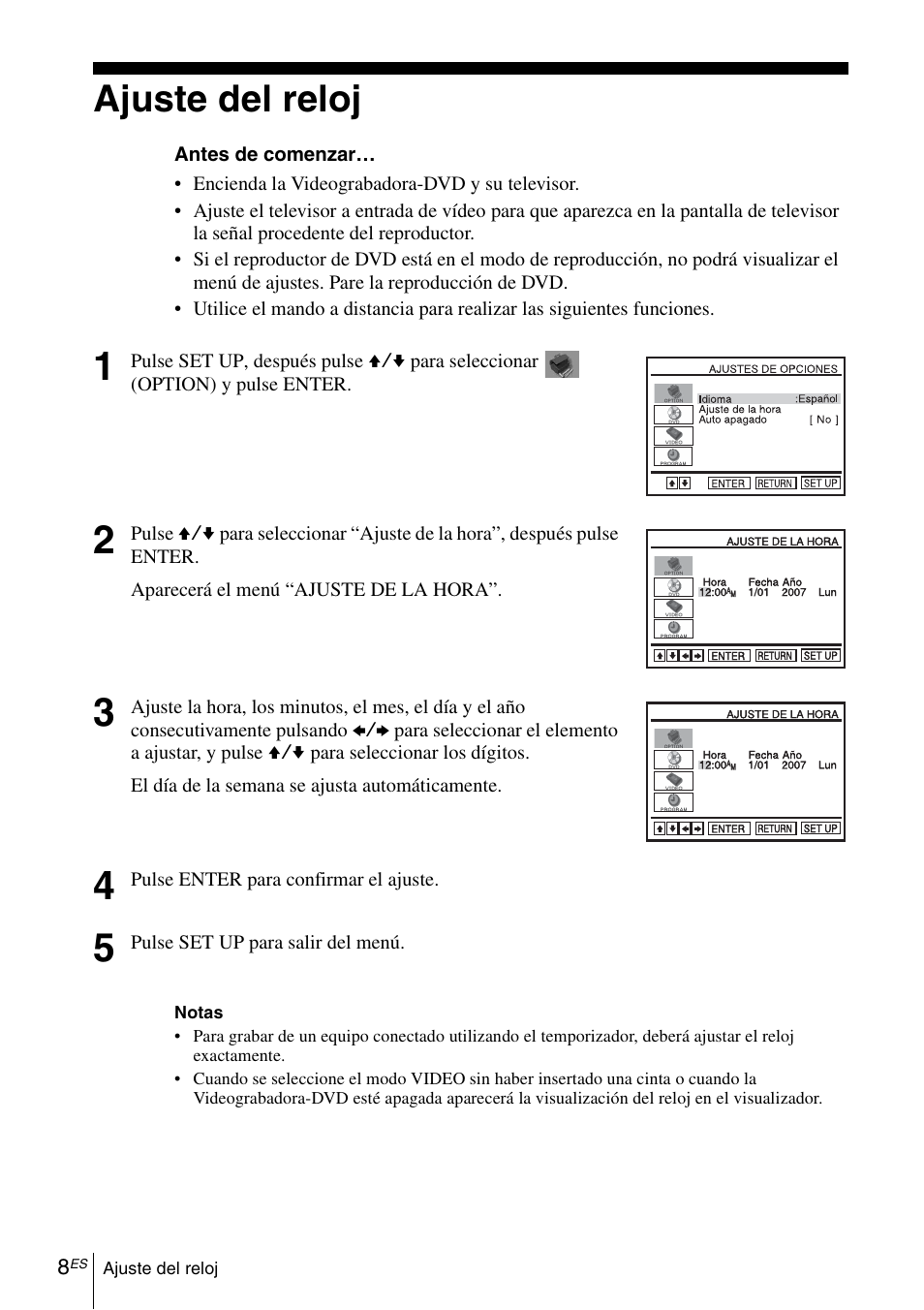 Ajuste del reloj, 8 ajus | Sony SLV-D281P User Manual | Page 108 / 116