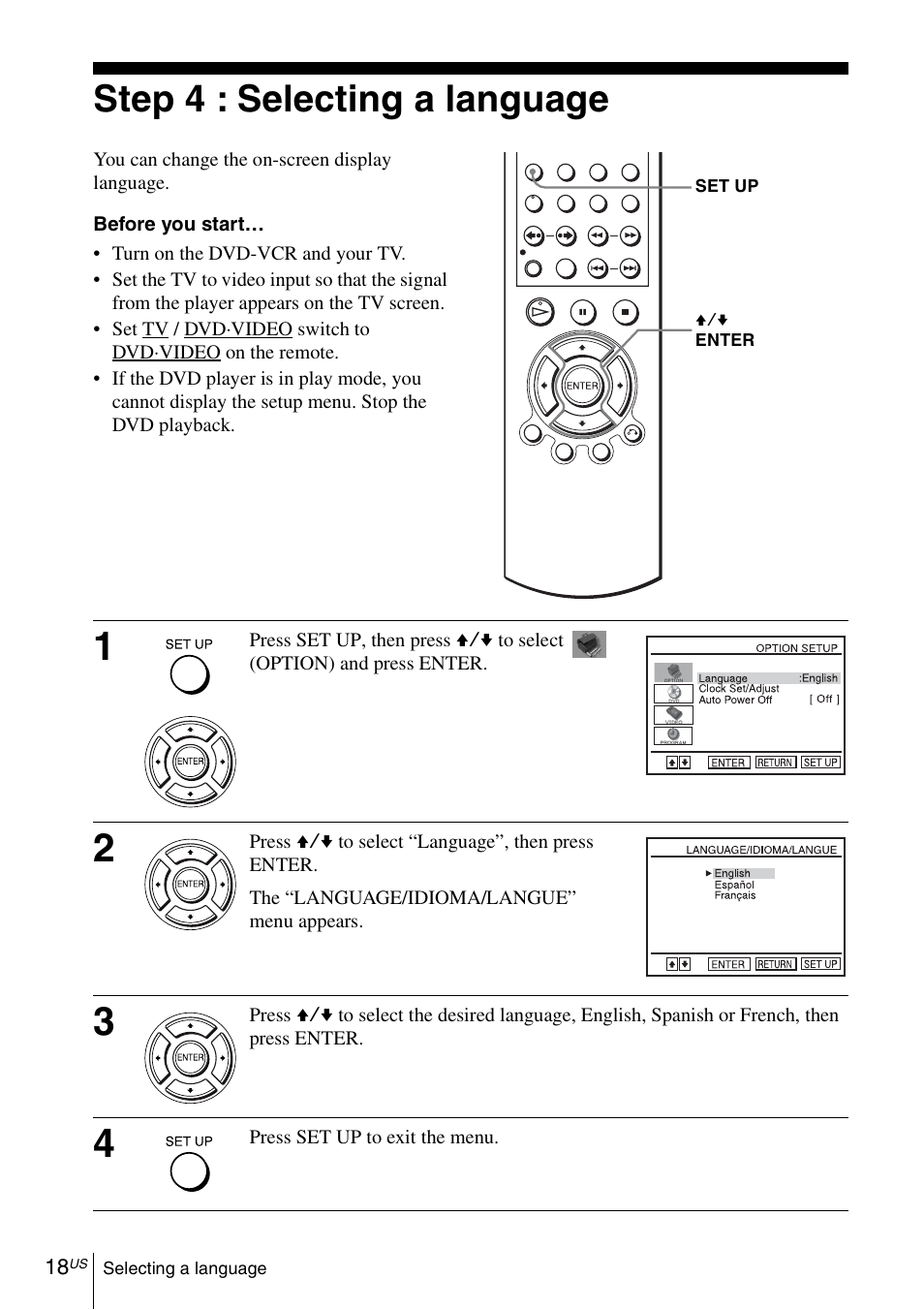 Step 4 : selecting a language | Sony SLV-D281P User Manual | Page 18 / 116