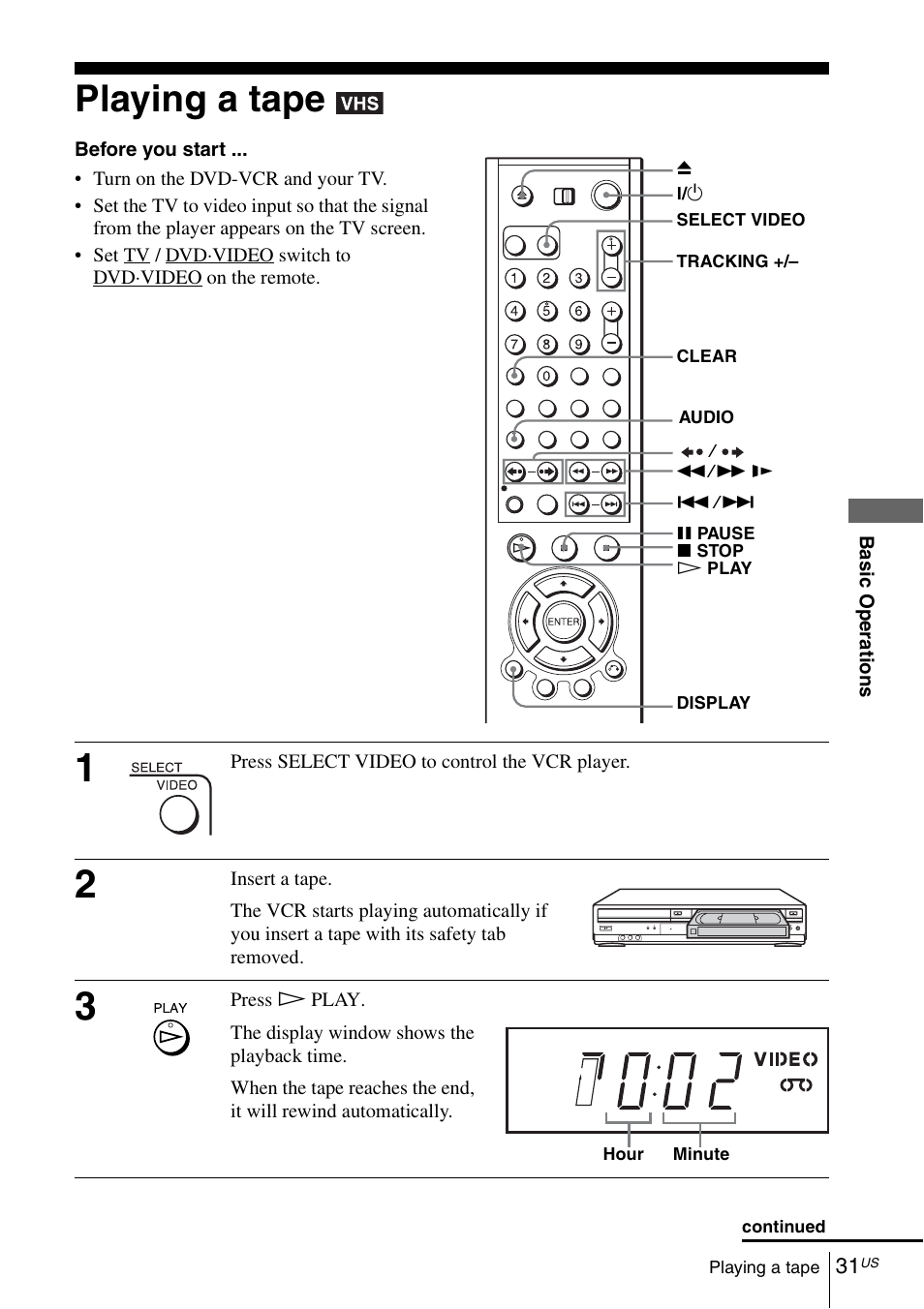 Playing a tape | Sony SLV-D281P User Manual | Page 31 / 116
