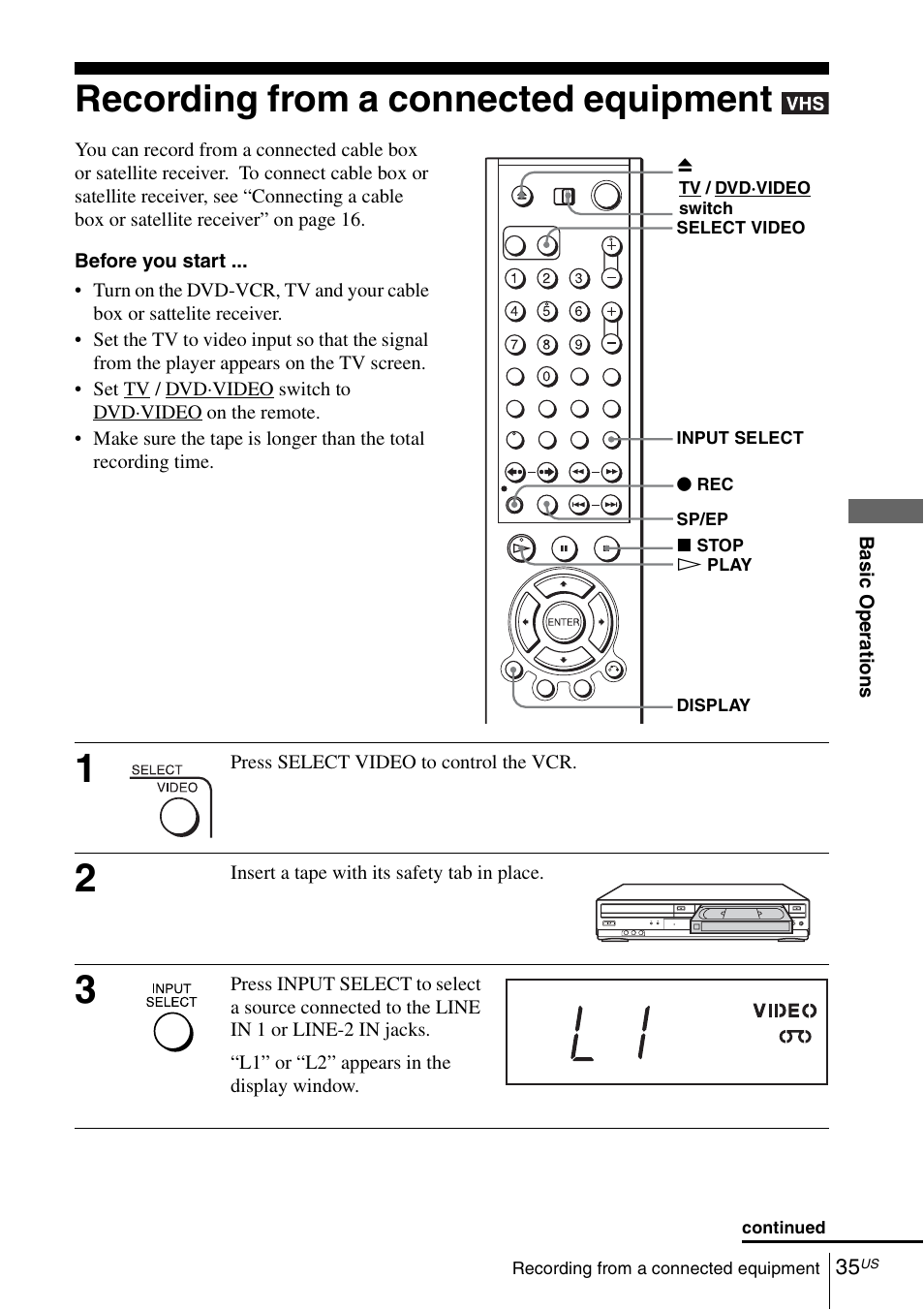 Recording from a connected equipment | Sony SLV-D281P User Manual | Page 35 / 116