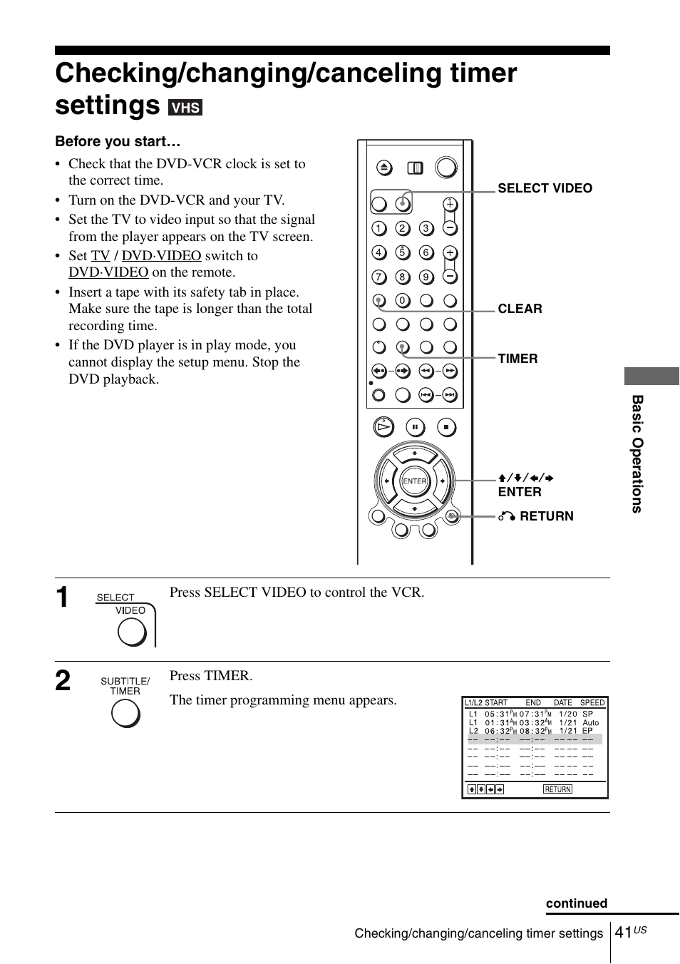 Checking/changing/canceling timer settings | Sony SLV-D281P User Manual | Page 41 / 116