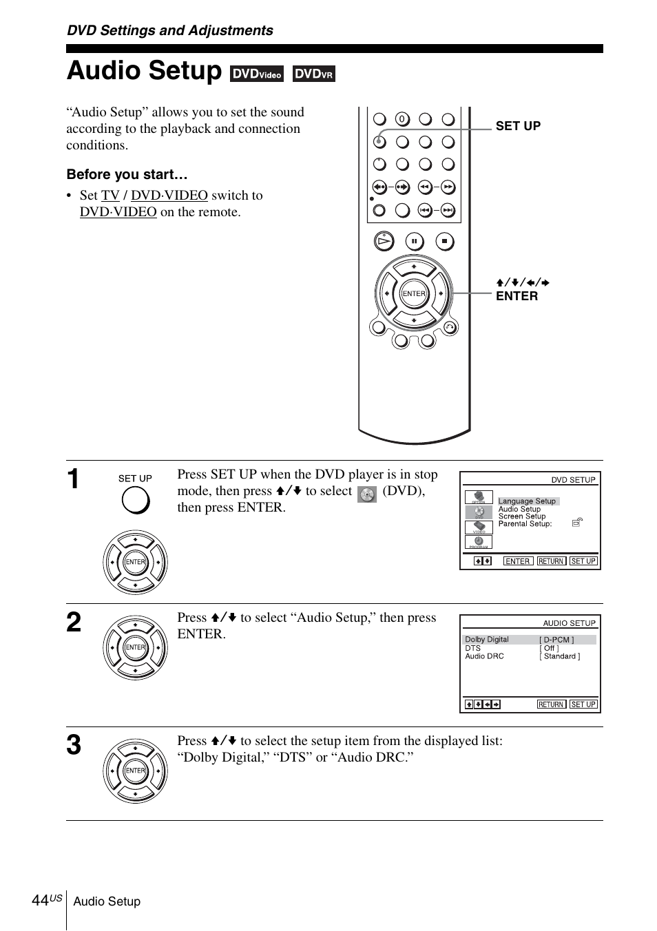 Dvd settings and adjustments, Audio setup | Sony SLV-D281P User Manual | Page 44 / 116