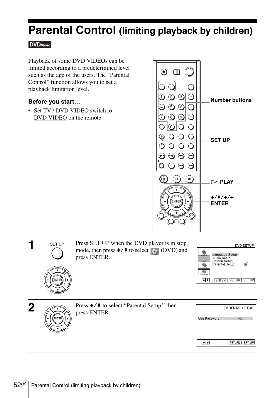 Parental control (limiting playback by children), Parental control, Limiting playback by children) | Sony SLV-D281P User Manual | Page 52 / 116