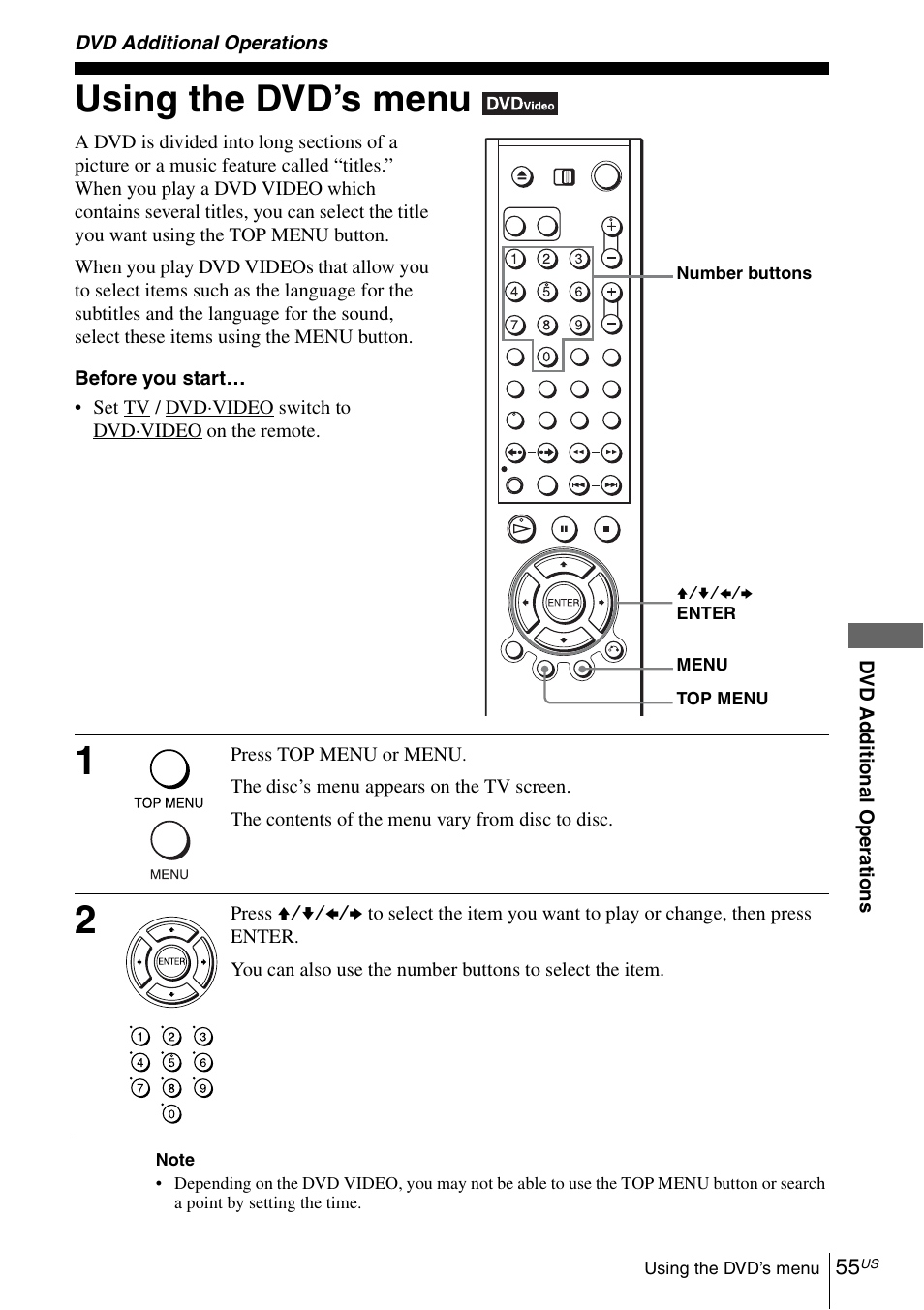 Dvd additional operations, Using the dvd’s menu, 55 u | Sony SLV-D281P User Manual | Page 55 / 116