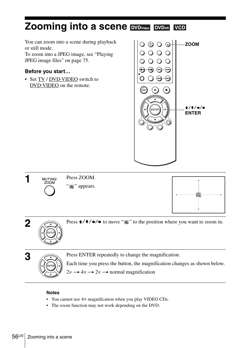 Zooming into a scene, 56 z | Sony SLV-D281P User Manual | Page 56 / 116