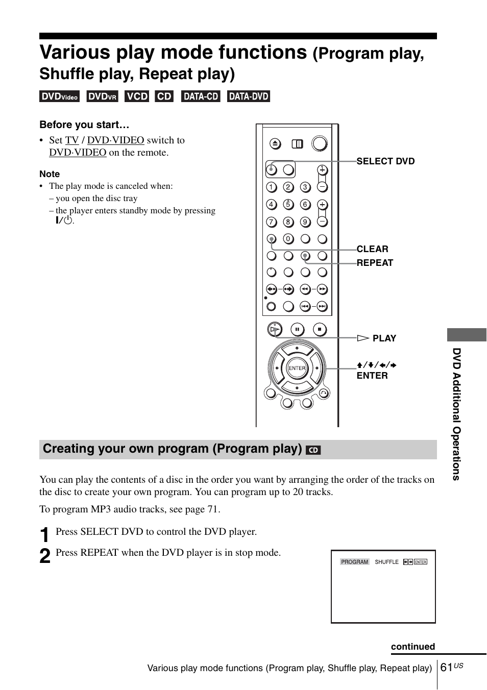 61 v, Various play mode functions, Program play, shuffle play, repeat play) | Sony SLV-D281P User Manual | Page 61 / 116