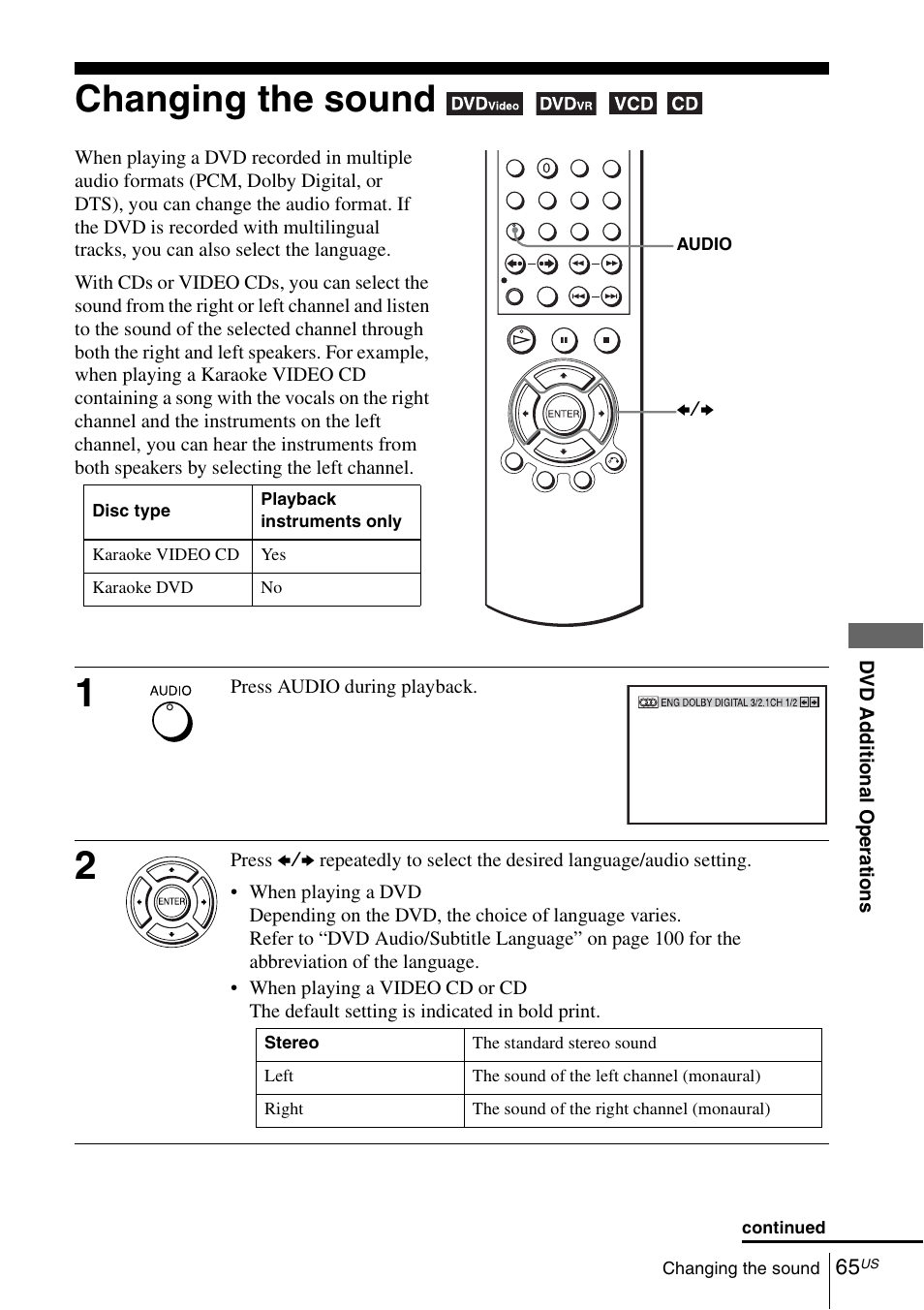 Changing the sound, 65 cha | Sony SLV-D281P User Manual | Page 65 / 116