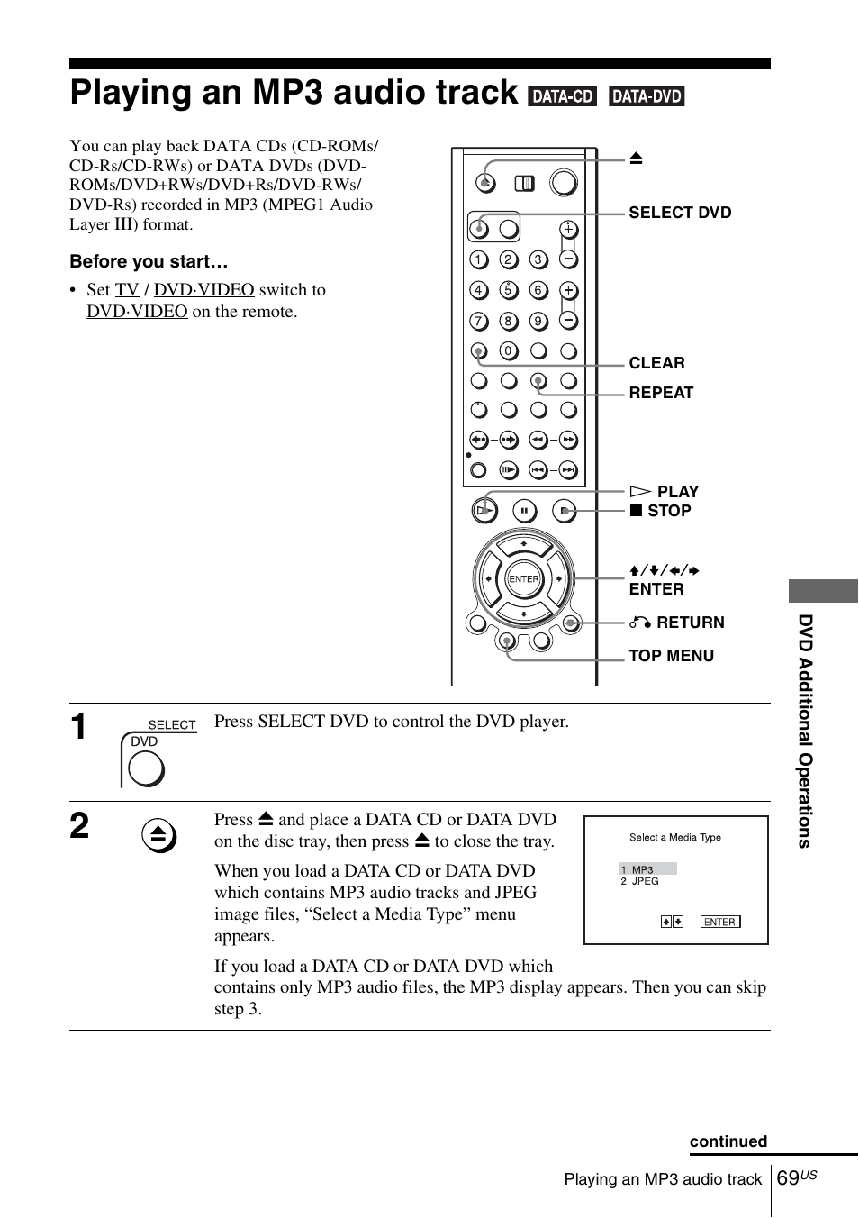 Playing an mp3 audio track, 69 pla | Sony SLV-D281P User Manual | Page 69 / 116