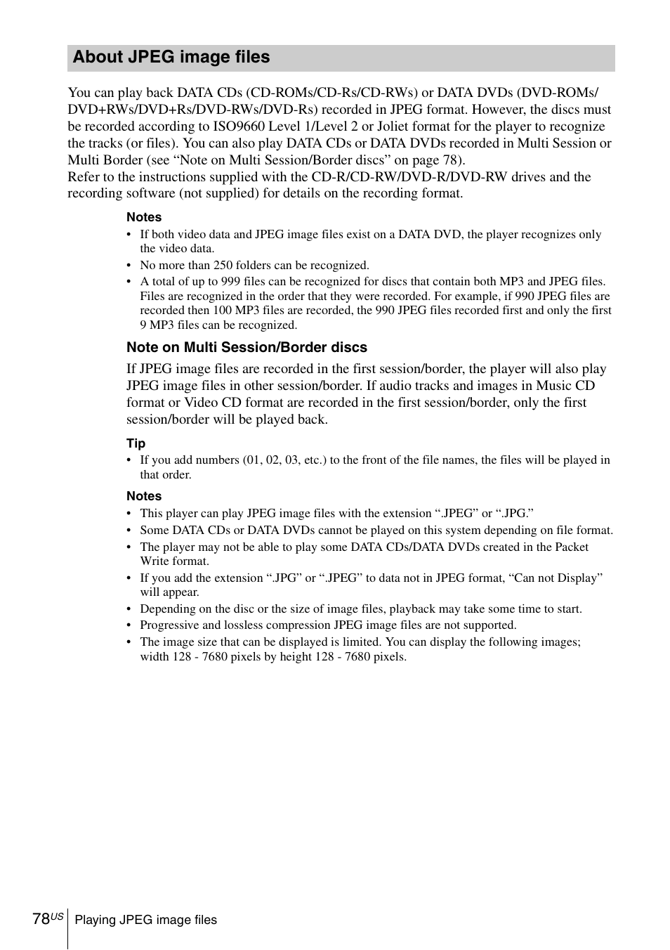 About jpeg image files | Sony SLV-D281P User Manual | Page 78 / 116