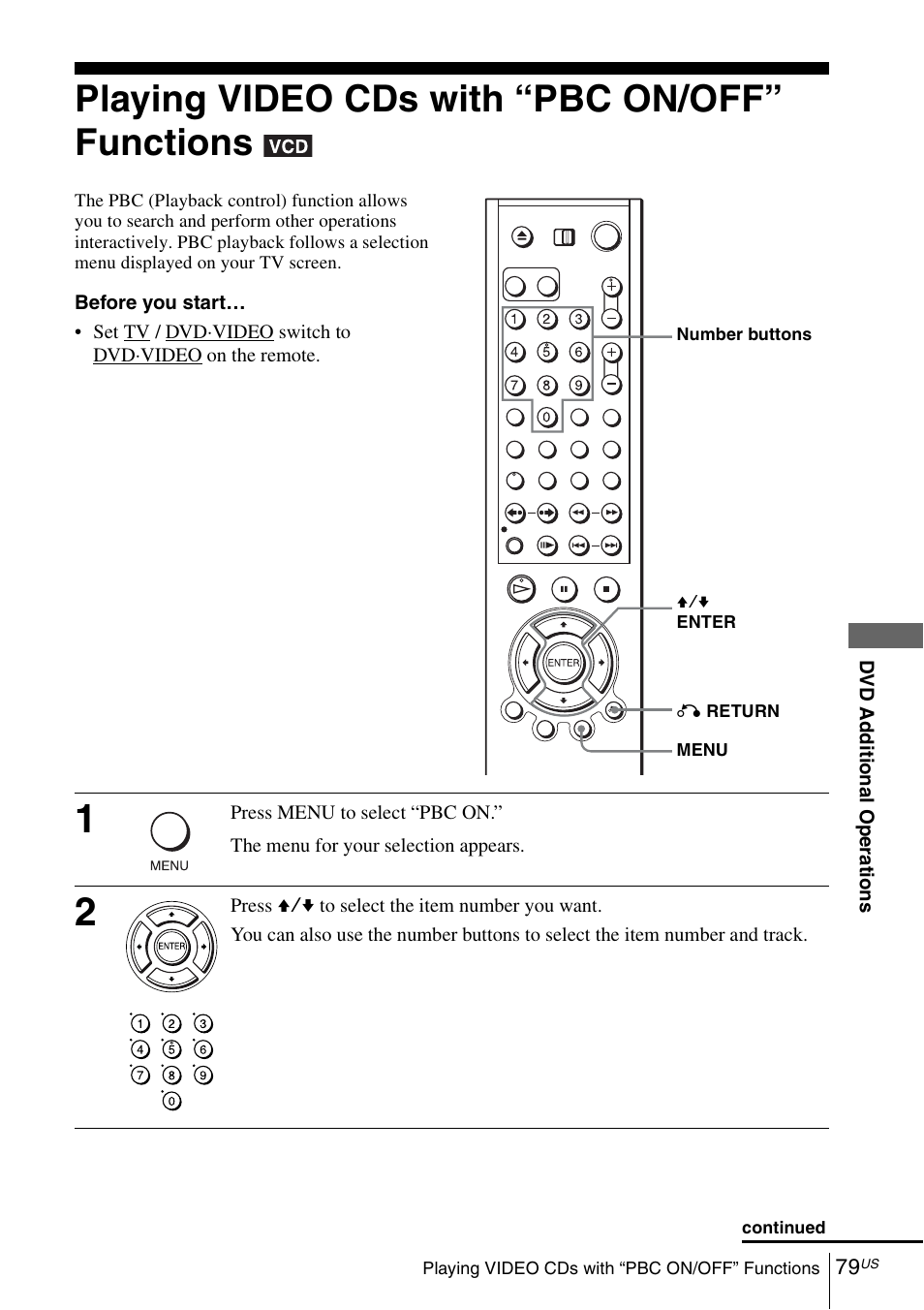 Playing video cds with “pbc on/off” functions, 79 pla | Sony SLV-D281P User Manual | Page 79 / 116
