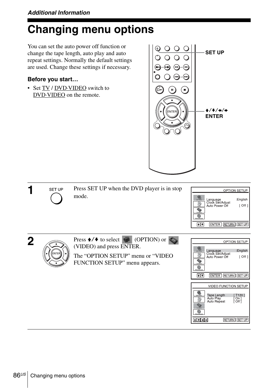 Additional information, Changing menu options, 86 cha | Sony SLV-D281P User Manual | Page 86 / 116