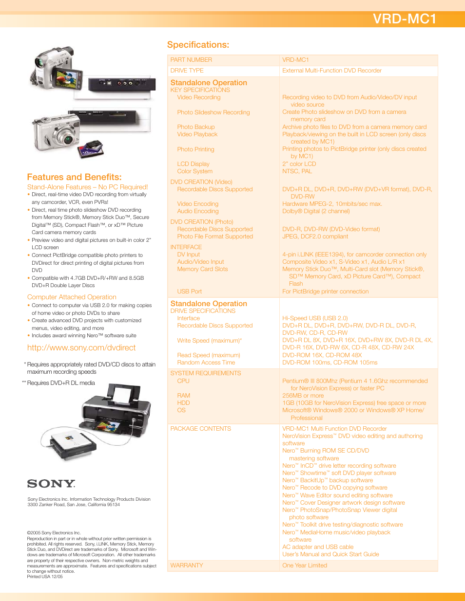 Vrd-mc1, Specifi cations, Features and benefi ts | Standalone operation | Sony VRD-MC1 User Manual | Page 2 / 2