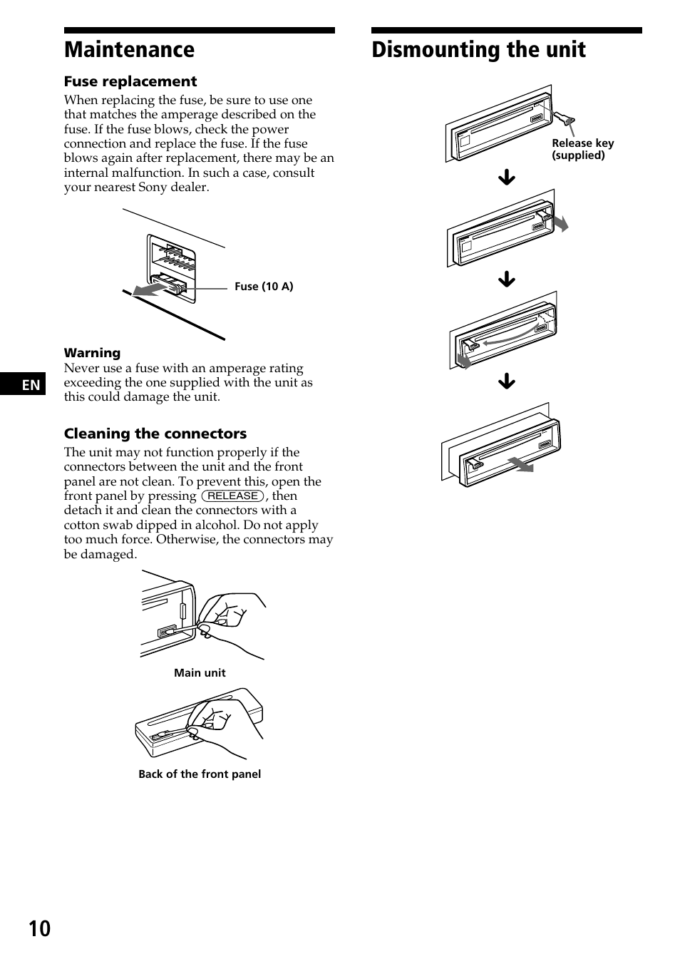 Maintenance, Dismounting the unit | Sony CDX-3170 User Manual | Page 10 / 28