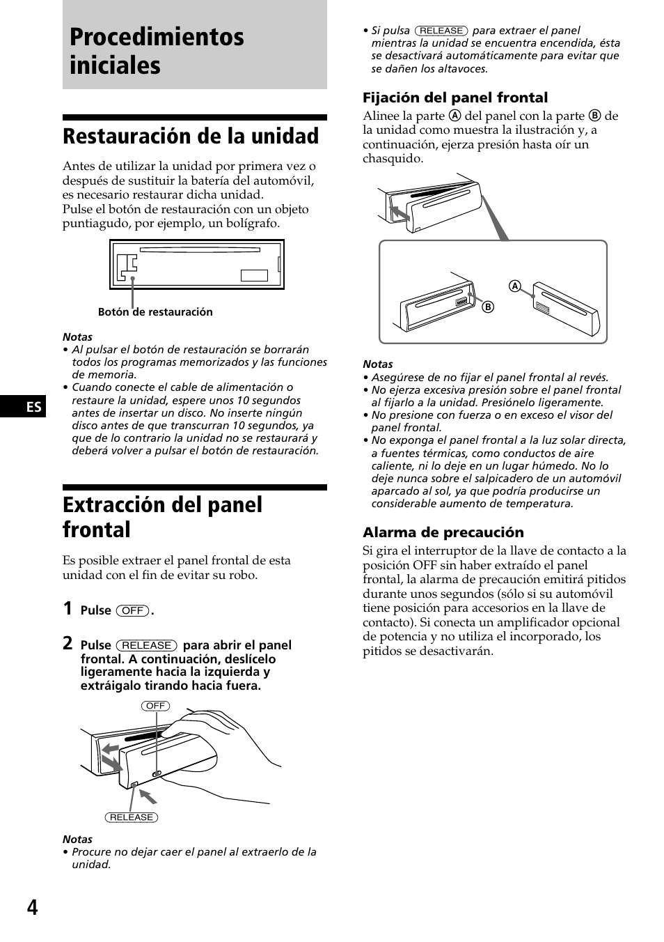 Procedimientos iniciales, Restauración de la unidad, Extracción del panel frontal | Sony CDX-3170 User Manual | Page 16 / 28