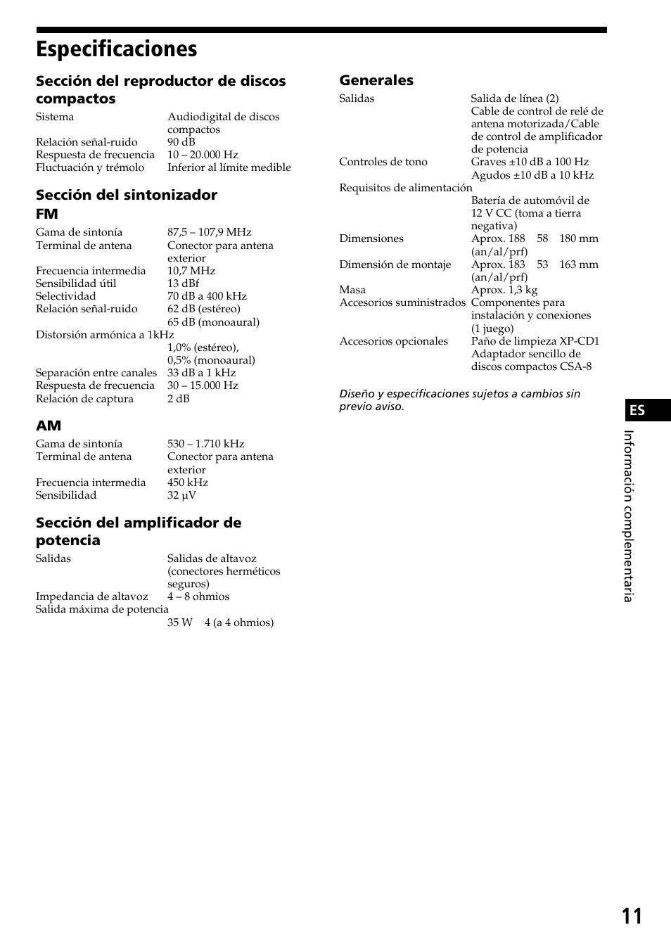 Especificaciones, Sección del reproductor de discos compactos, Sección del sintonizador fm | Sección del amplificador de potencia, Generales | Sony CDX-3170 User Manual | Page 23 / 28