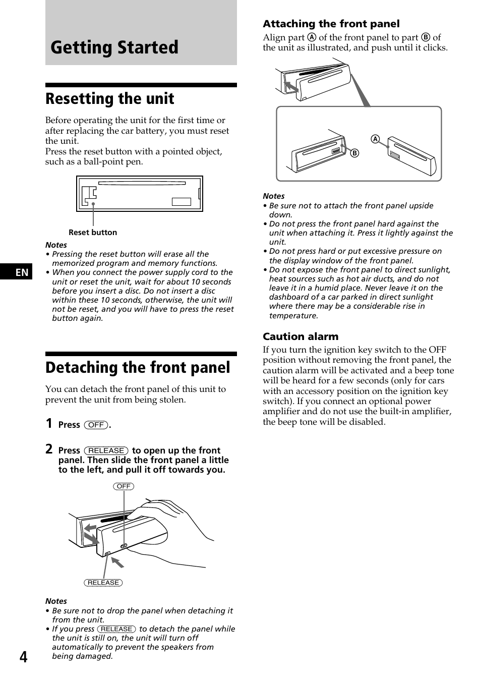 Getting started, Resetting the unit, Detaching the front panel | Sony CDX-3170 User Manual | Page 4 / 28