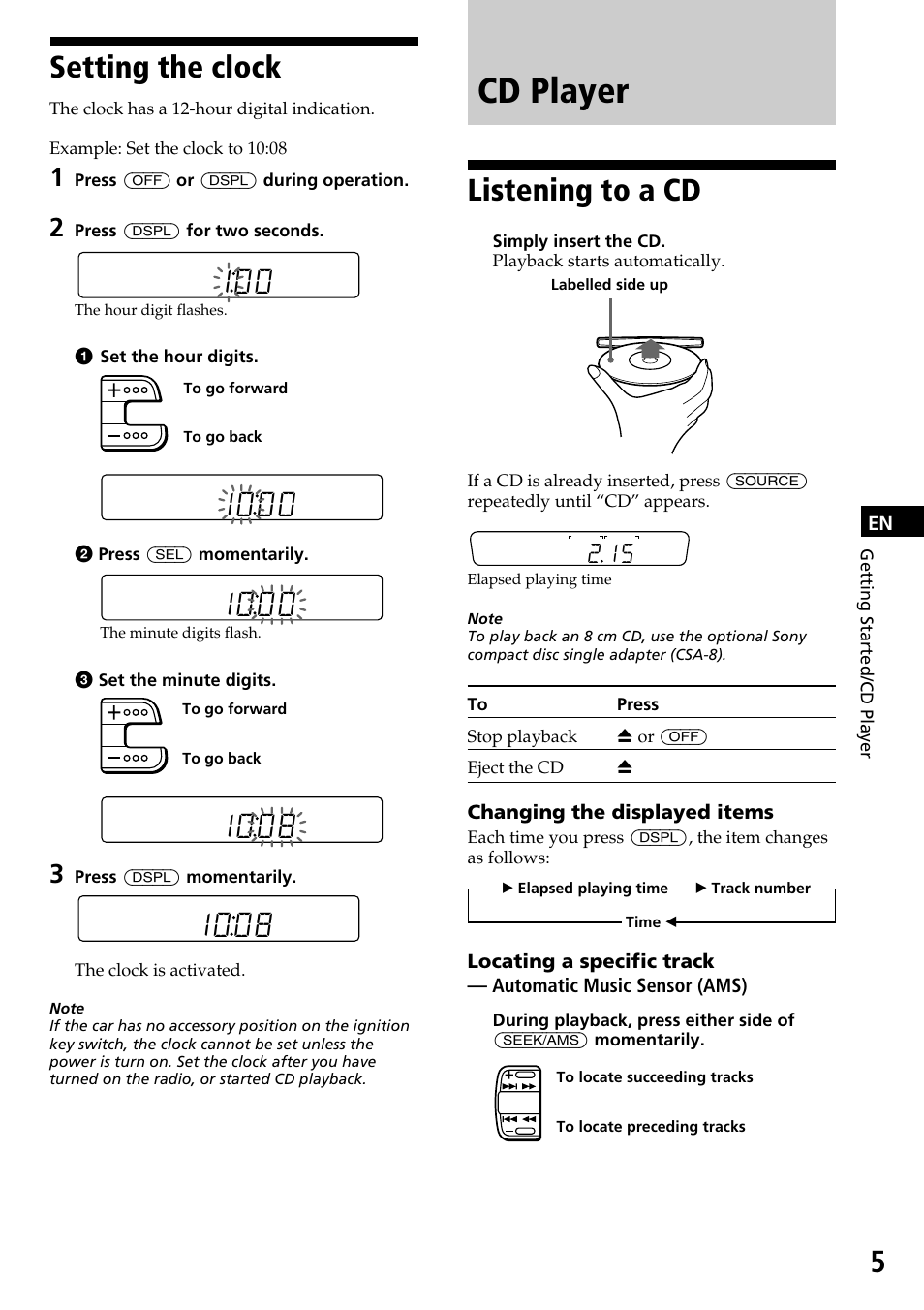 Cd player, Setting the clock, Listening to a cd | Sony CDX-3170 User Manual | Page 5 / 28