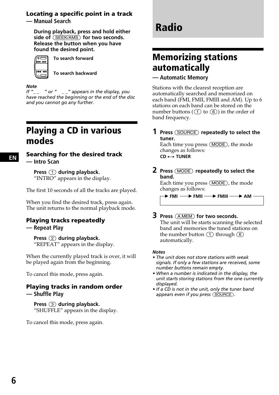 Radio, Playing a cd in various modes | Sony CDX-3170 User Manual | Page 6 / 28