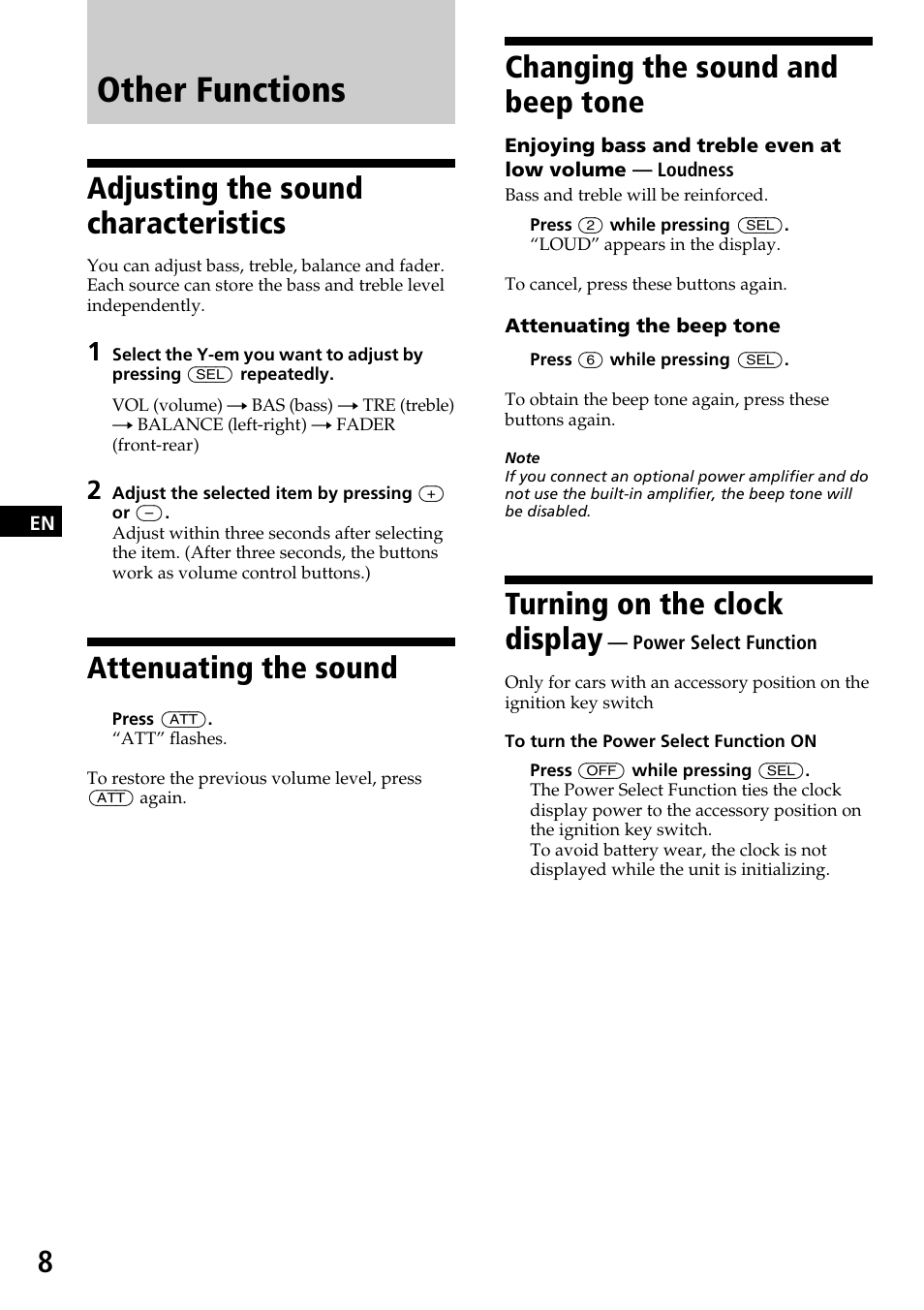 Other functions, Adjusting the sound characteristics, Attenuating the sound | Changing the sound and beep tone, Turning on the clock display | Sony CDX-3170 User Manual | Page 8 / 28