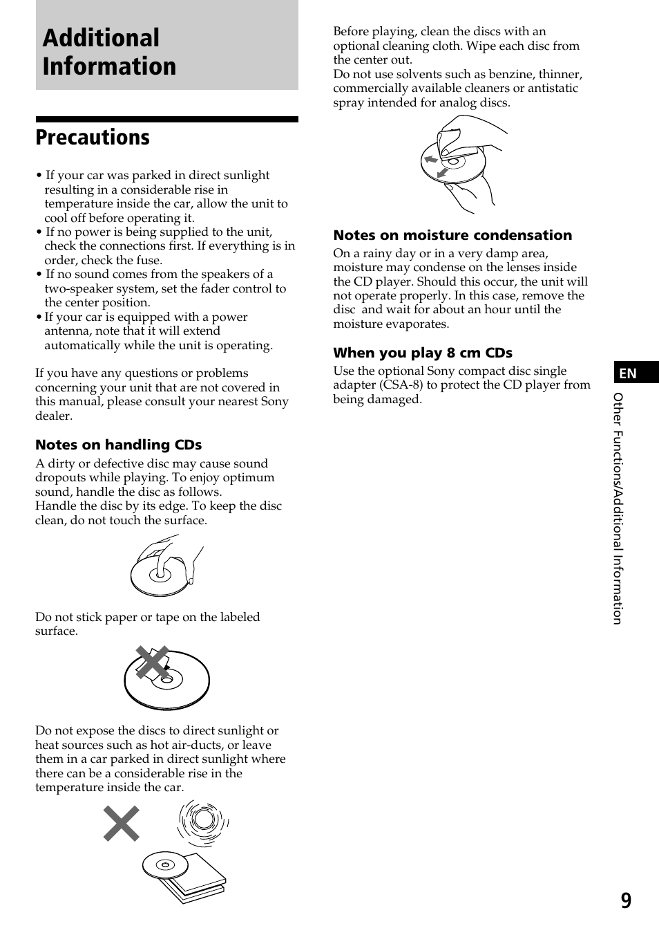 Additional information, Precautions | Sony CDX-3170 User Manual | Page 9 / 28