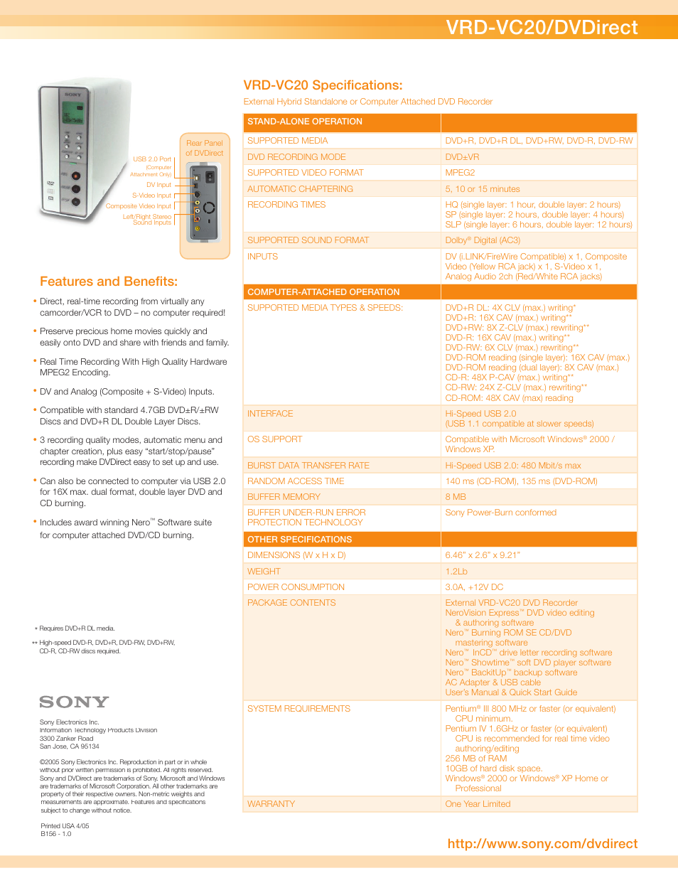 Vrd-vc20/dvdirect, Features and beneﬁ ts, Vrd-vc20 speciﬁ cations | Sony DVDIRECT VRD-VC20 User Manual | Page 2 / 2