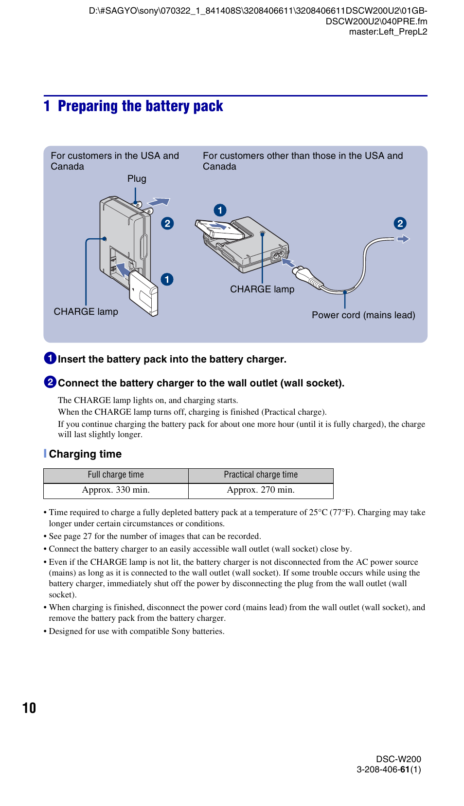 1 preparing the battery pack | Sony DSC-W200 User Manual | Page 10 / 64