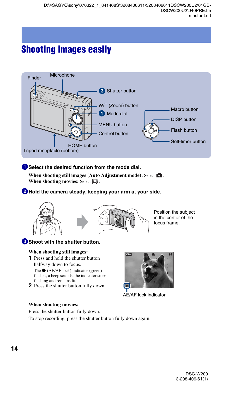 Shooting images easily | Sony DSC-W200 User Manual | Page 14 / 64