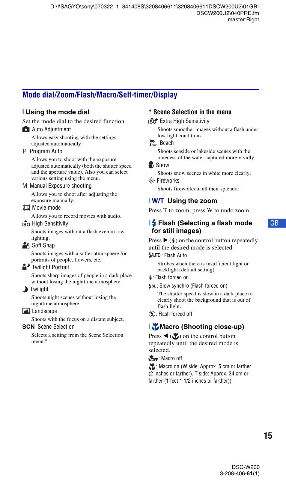 Mode dial/zoom/flash/macro/self-timer/display | Sony DSC-W200 User Manual | Page 15 / 64