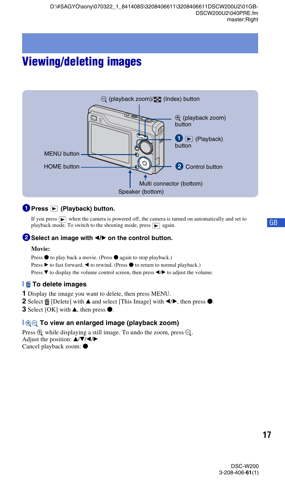 Viewing/deleting images | Sony DSC-W200 User Manual | Page 17 / 64