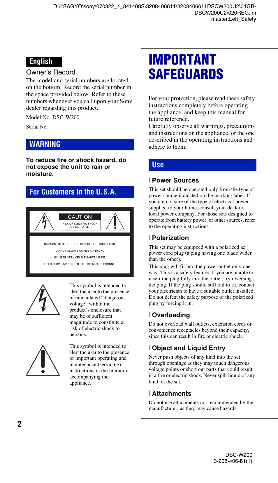 Important safeguards, English warning for customers in the u.s.a | Sony DSC-W200 User Manual | Page 2 / 64