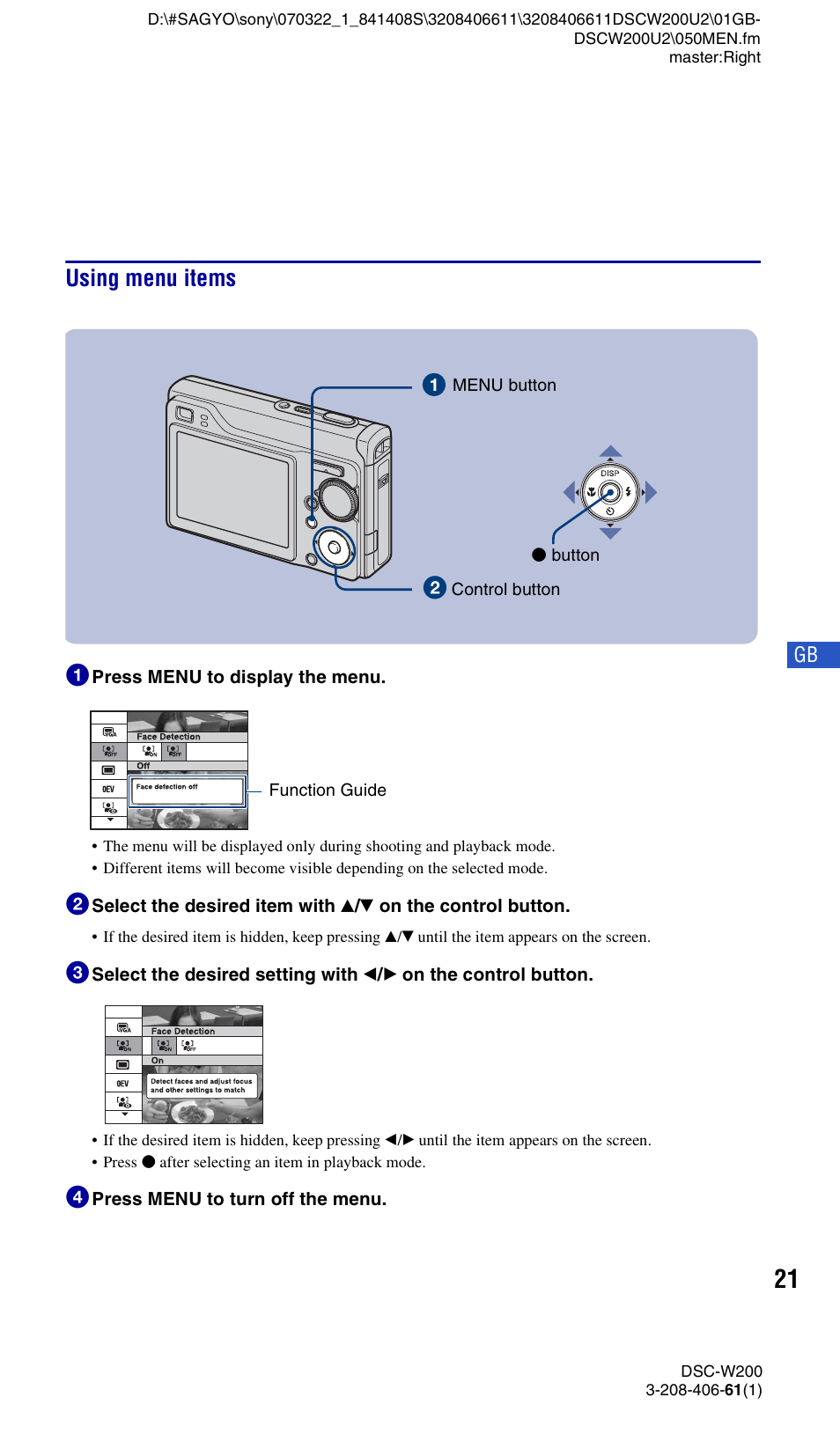 Using menu items, Using menu items 1 | Sony DSC-W200 User Manual | Page 21 / 64